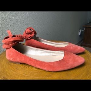 Rose suede ballet flats with ankle tie-up